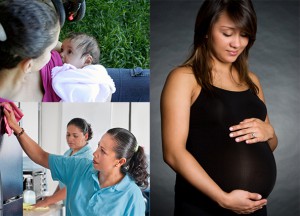 Pregnant woman, child, workers